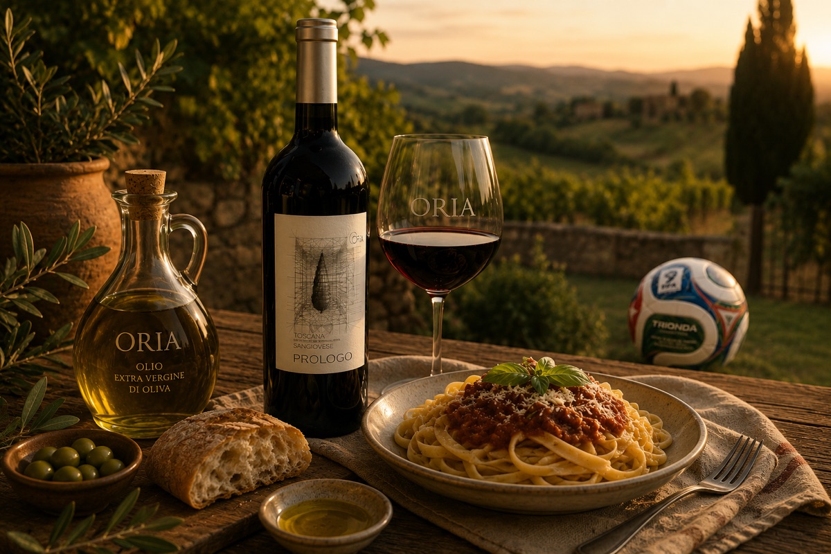 Vino Oria Prólogo, aceite de oliva Oria, pasta y una pelota de fútbol sobre una mesa toscana al atardecer